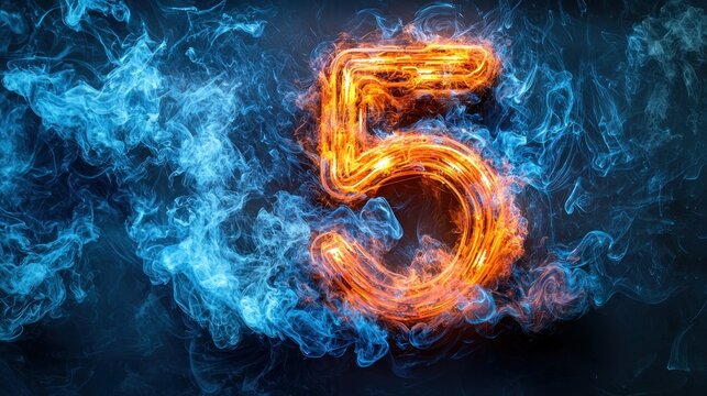 Fiery number five glows amidst cool blue smoke, a digital masterpiece