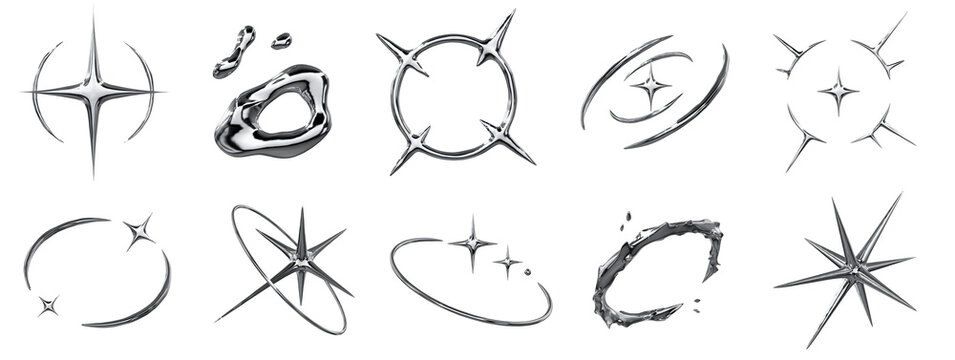 Silver Chrome Metallic 3D Spike Star Sparkle Icon Set with Transparent Background, Y2K Cyber Sigil Collection