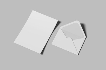 White blank sheets of a4 paper size or documents mockup on a gray background, with envelope mockup