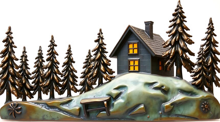 Rustic cabin nestled in winter forest