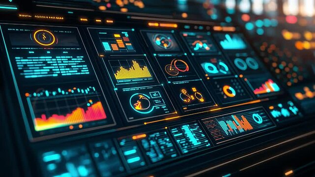 Futuristic data dashboard with colorful graphs and analytics displays.