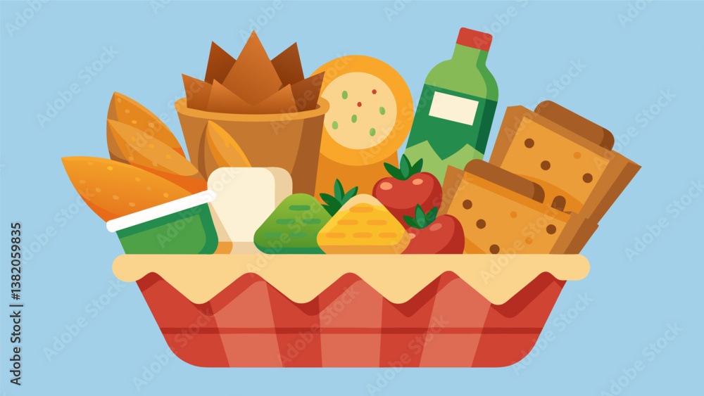 Aufkleber a basket of assorted crackers and dips providing different flavor combinations for snacking.. vector