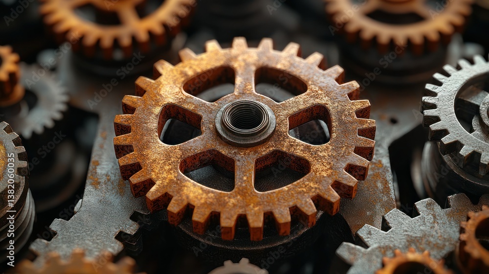 Poster gears and mechanism made from metal in close-up with rust and weathering