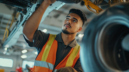 Man in safety vest inspecting underside of vehicle with tire visible in foreground in factory setting
