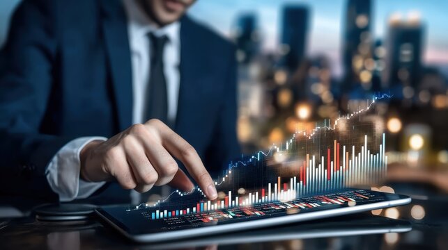 Analyzing financial trends with data visualization urban cityscape business environment professional viewpoint