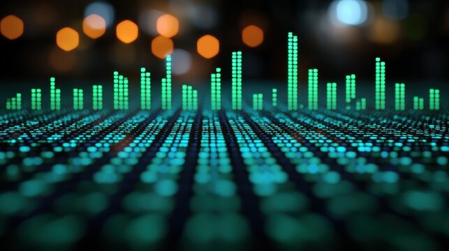 Glowing data bars stand against a bokeh background - Powered by Adobe