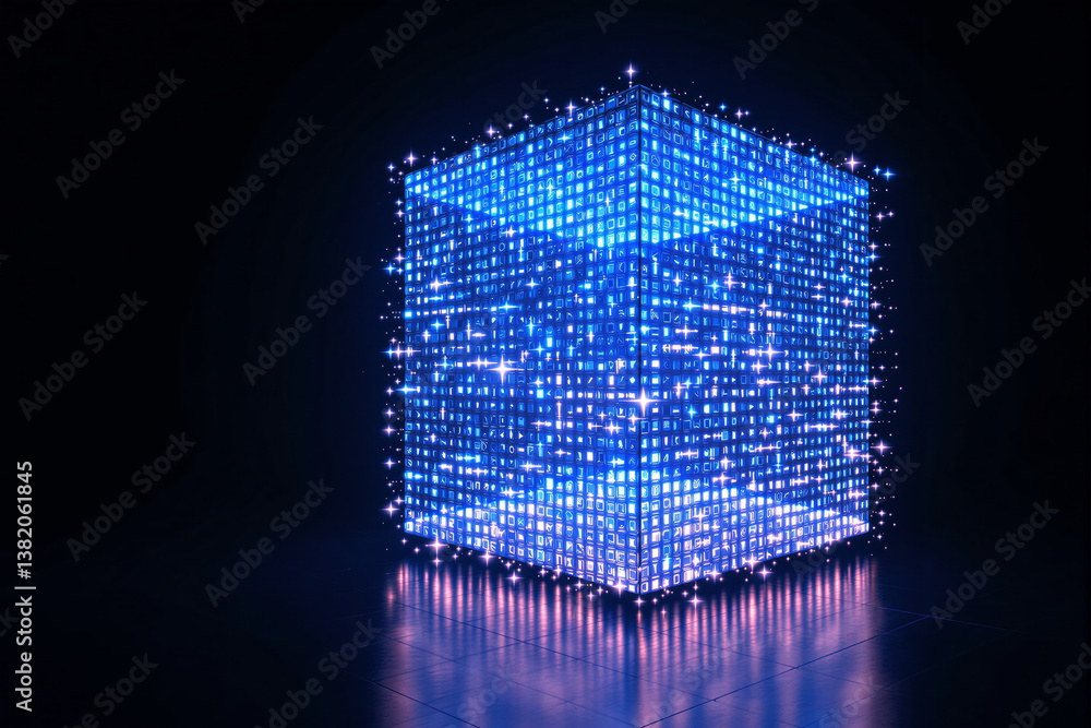 Poster futuristic glowing cube made of illuminated blue pixels, digital style, on a dark background with gl