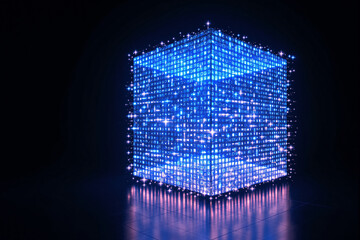 Futuristic glowing cube made of illuminated blue pixels, digital style, on a dark background with glossy floor reflection, concept of data and technology. Ai generative