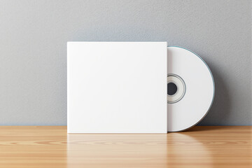 Blank white CD case with disc leaning on wooden surface, minimal style, textured light background, concept of branding, packaging, identity. Ai generative