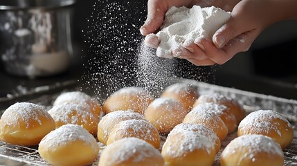 Professional Chef Adding Flour to Doughnuts - Culinary Preparation and Baking Concept Image