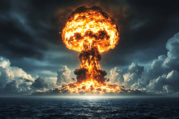 Giant fiery mushroom cloud from massive explosion over ocean water, dramatic cloudy sky background, concept of apocalypse and destruction, Ai generative