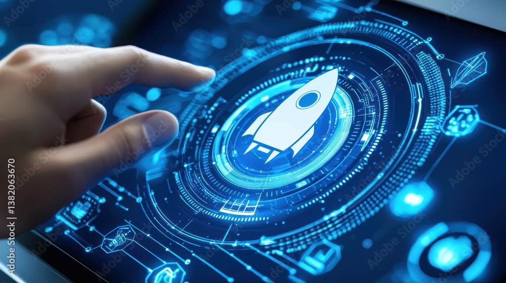 Poster rocket launch concept on digital screen technology lab graphic visualization futuristic environment 