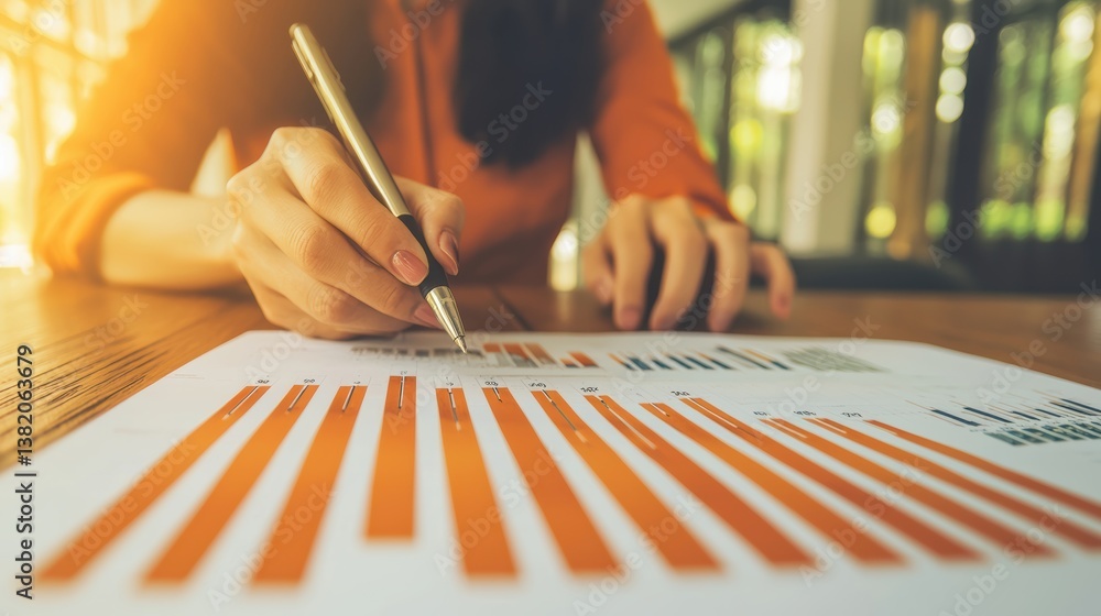 Poster analyzing financial trends with graphs business office document professional environment close-up vi