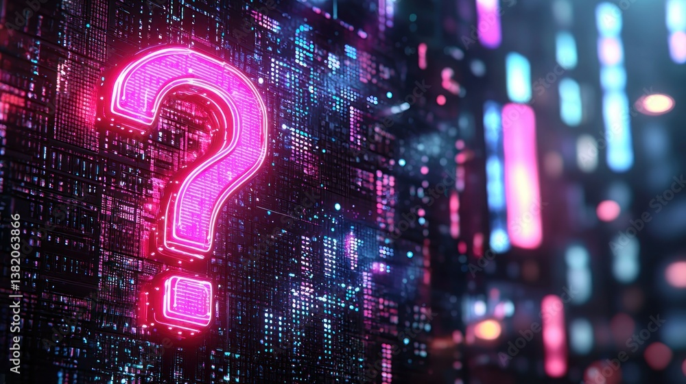 Poster glowing question mark on a digital circuit board background with bokeh