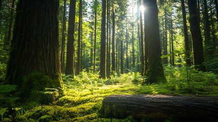 Obraz premium Serene Sunlight Streaming Through Lush Green Forest Trees