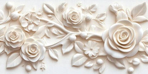 A beautiful fantasy vintage flower wallpaper with white color variation made from a 3d model of flowers and leaves. Elegant white floral digital art.