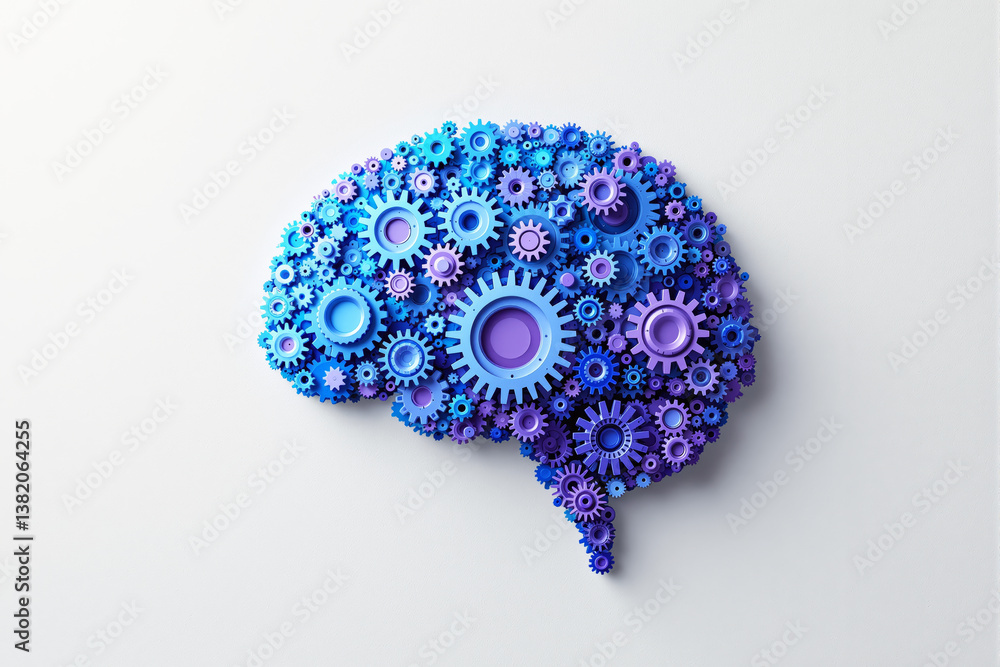 Poster brain composed of multiple blue and purple gears in a mechanical style on white background, symboliz