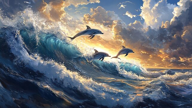 Dolphins leaping over ocean wave during majestic golden sunset painting