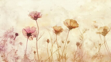 A subtle oil painting of pressed flowers with faded, vintage colors.