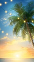 Beautiful Sunset with Palm Tree and String Lights over Calm Ocean