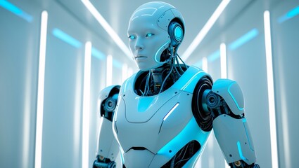Tech-Driven Humanoid Neon Blue AI Integration & White Aesthetic – Generative AI