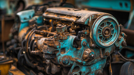 A close up shot of a weathered and rusted engine with turquoise and brown discoloration visible