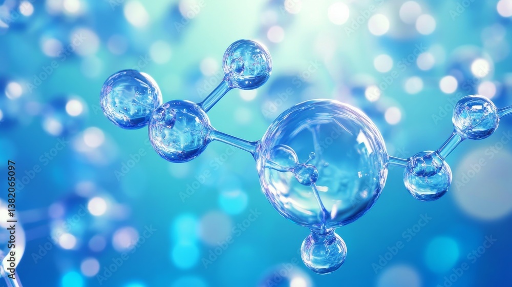 Poster blue molecular structure with shiny spheres in science background