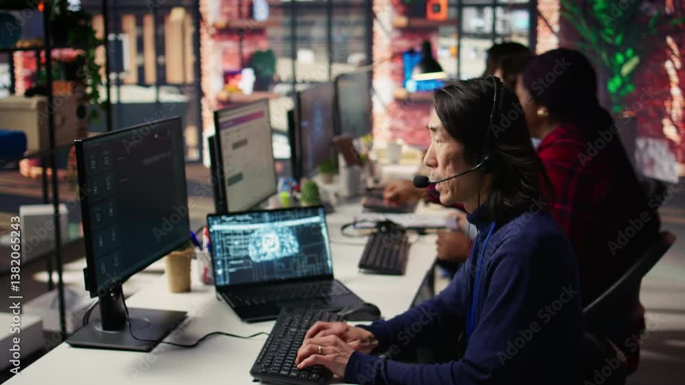 Poster call center agents track shipments in office using ai chatbot for help. customer center workers use 