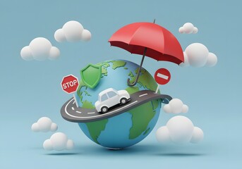 3D Car Insurance with Umbrella and Globe