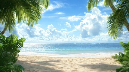 Tranquil Beach Scene with Palm Trees and Bright Blue Sky