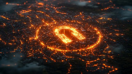 Cityscape at Dusk: A captivating aerial view of a sprawling urban landscape at dusk, illuminated by the warm glow of city lights, creating an atmosphere of mystery and energy.
