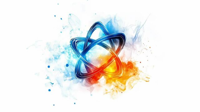 An abstract atom symbol set against a vibrant, colorful splash.