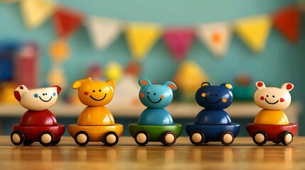 Colorful Wooden Animal Toy Cars Playroom Fun.