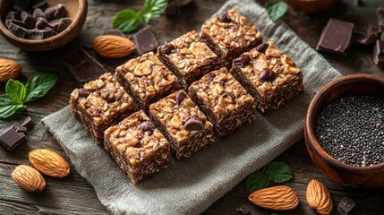 Granola bars, almonds, chocolate, and chia seeds on a cloth on wood