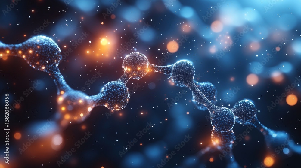 Poster abstract molecular chain with glowing particles in a cosmic background