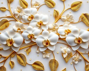 Orchids with golden stems and leaves A stunning 3D floral background with intricate stucco work. Abstract 3D floral background. Golden plant art decor.