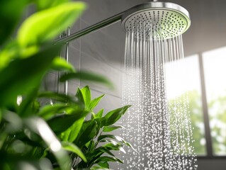 Sunlight pouring into a shower with water splashing surrounded by vibrant green plants near the window refreshing and natural vibe in the bathroom. Bright bath oasis.