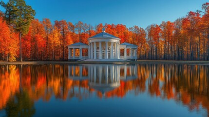 Obraz premium Autumnal Reflection: A Serene Gazebo by the Lake