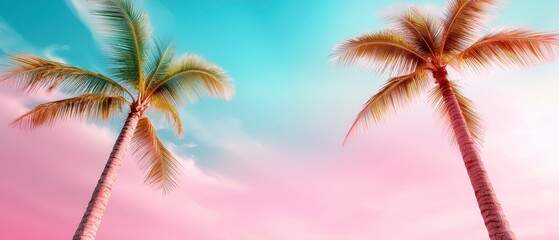 Two tall palm trees on toned gradient pink blue sky with light fluffy clouds. Creative trendy summer tropical background. Tropical beach in Punta Cana. Palm trees on a sandy island in the