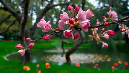 Delicate Pink Blossoms Blooming in Spring Park Soft Natural Light Blurred Background