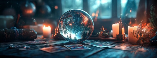 Fototapeta premium In a dimly lit setting of magic, a crystal ball is encircled by candles and tarot cards on a wooden table