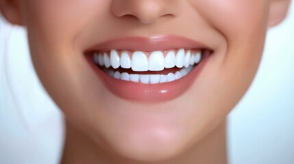 Obraz premium Smiling woman with perfect teeth professional dental studio portrait bright lighting oral health concept