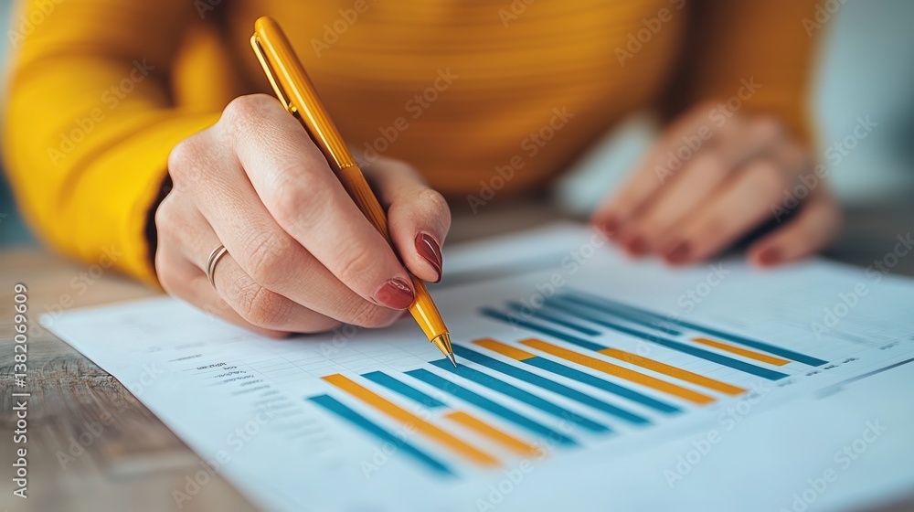 Poster analyzing business data trends office setting document analysis professional environment close-up vi