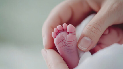 gentle touch cradles tiny baby foot, showcasing delicate features and soft skin, evoking warmth and tenderness