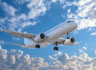 Obraz premium Airplane Landing Approaching on Cloudy Blue Sky Commercial Aviation Theme