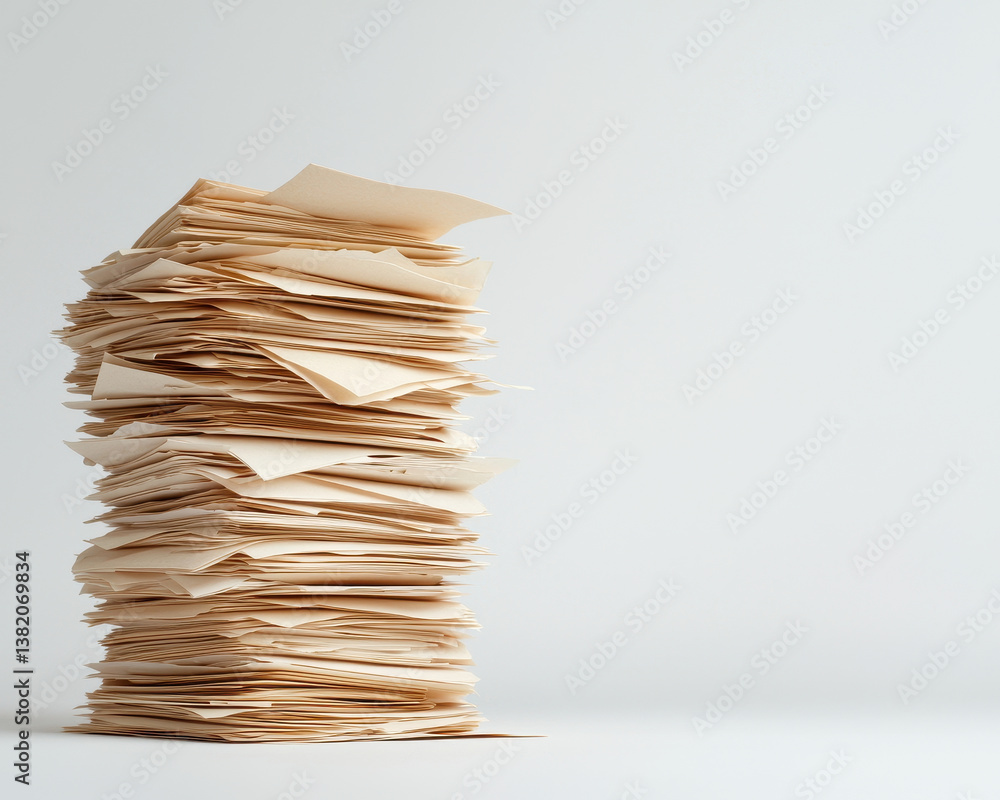 Poster neatly stacked papers create towering pile, showcasing organized chaos of documents in minimalist se