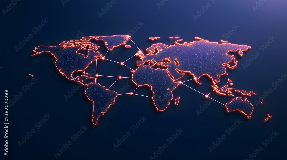 Aufkleber a glowing orange world map composed of tiny dots is shown, with connecting lines illustrating global