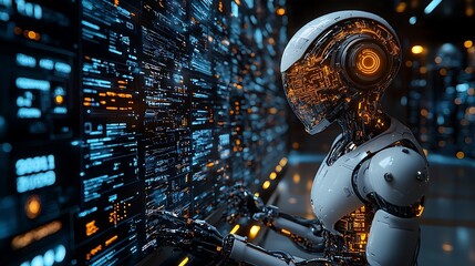 Fototapeta premium Futuristic Interface: A sleek android interacts with a digital interface, its metallic form reflecting the glow of data streams in a captivating composition.