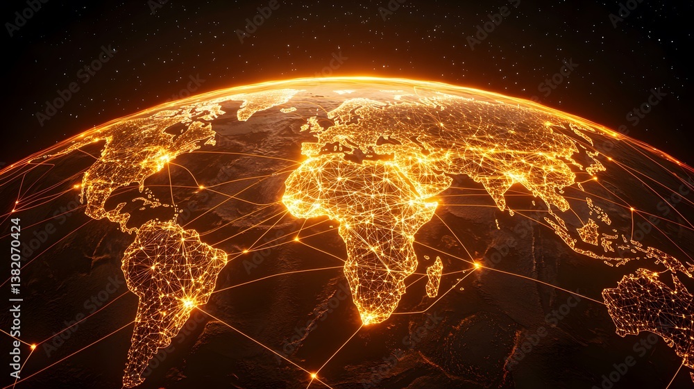 Poster the image shows a glowing, orange-toned earth with a network of interconnected lines and nodes repre
