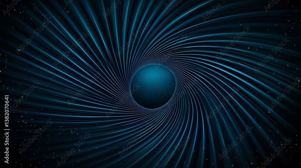 Poster the image shows a dark blue, swirling vortex of parallel lines converging towards a central, dark bl